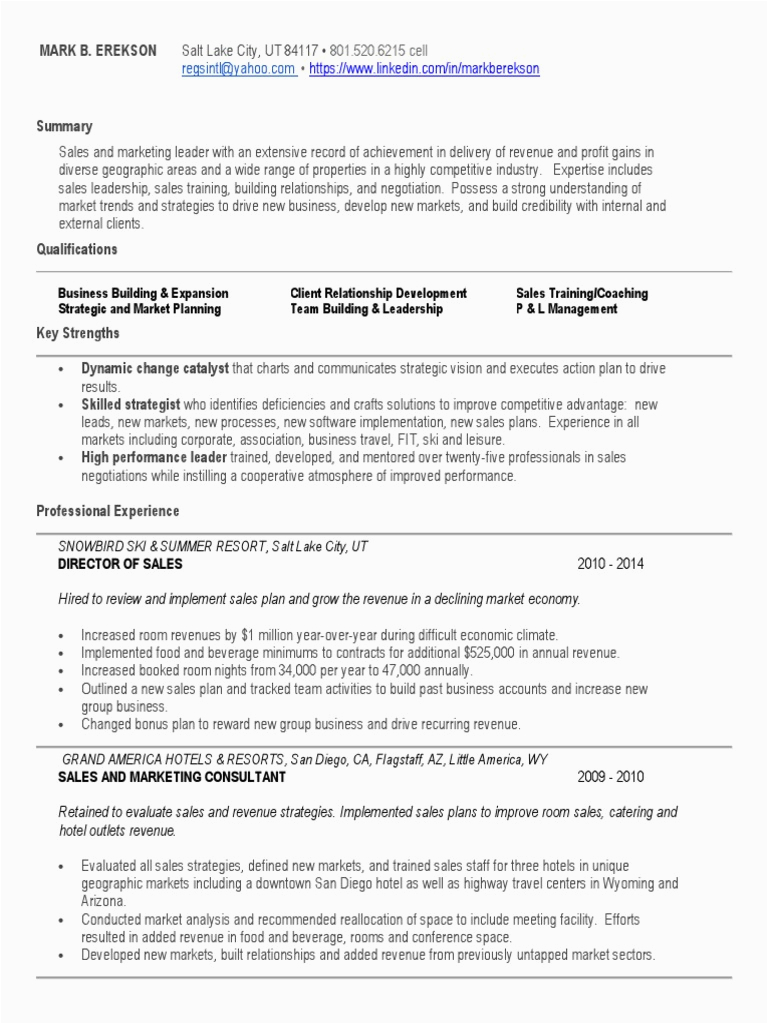 Sales and Marketing Hotel Resume Sample Hospitality Hotel Sales Marketing In Usa Resume Mark Erekson