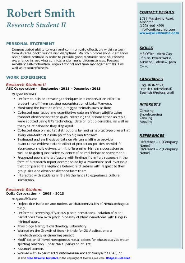 Sample College Student Resumes for Research Postition Research Student Resume Samples