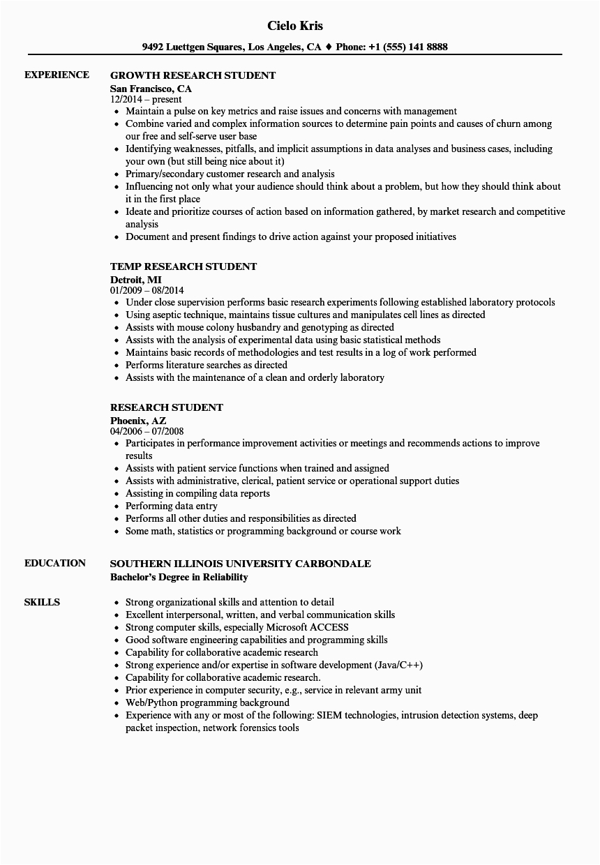 Sample College Student Resumes for Research Postition Research Student Resume Samples