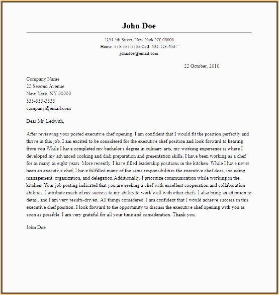 Sample Cover Letter for Chef Resume 8 Sample Executive Chef Cover Letter