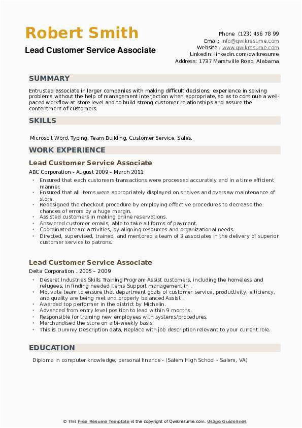 Sample Of Customer Service associate Resume Lead Customer Service associate Resume Samples
