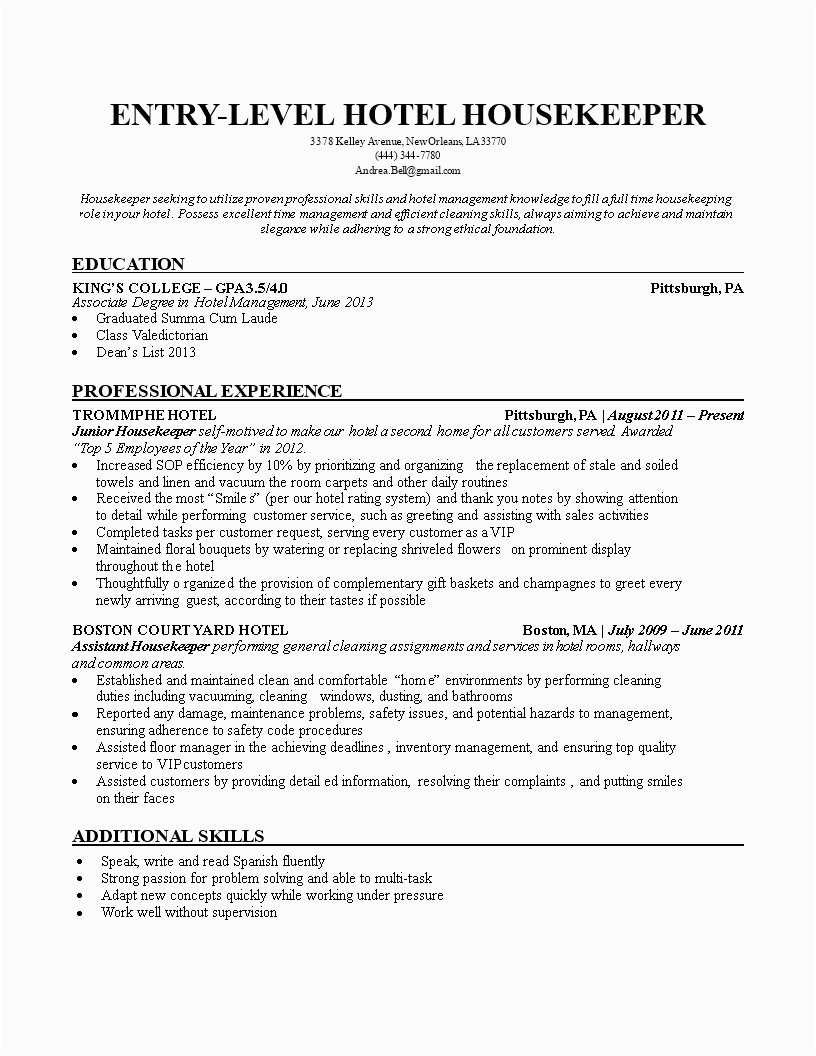 Sample Of Resume for Hotel Housekeeper El Hotel Housekeeping Resume
