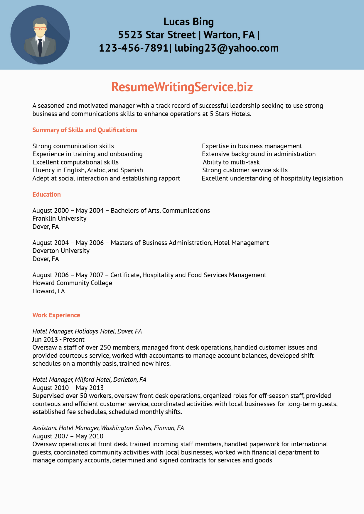 Sample Of Resume for Hotel Management Hotel Manager Resume Sample