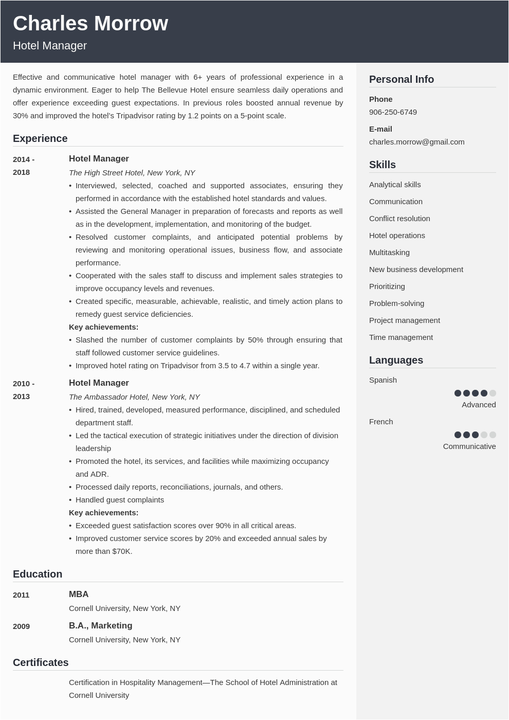 Sample Of Resume for Hotel Management Hotel Manager Resume Sample & Writing Guide [20 Tips]