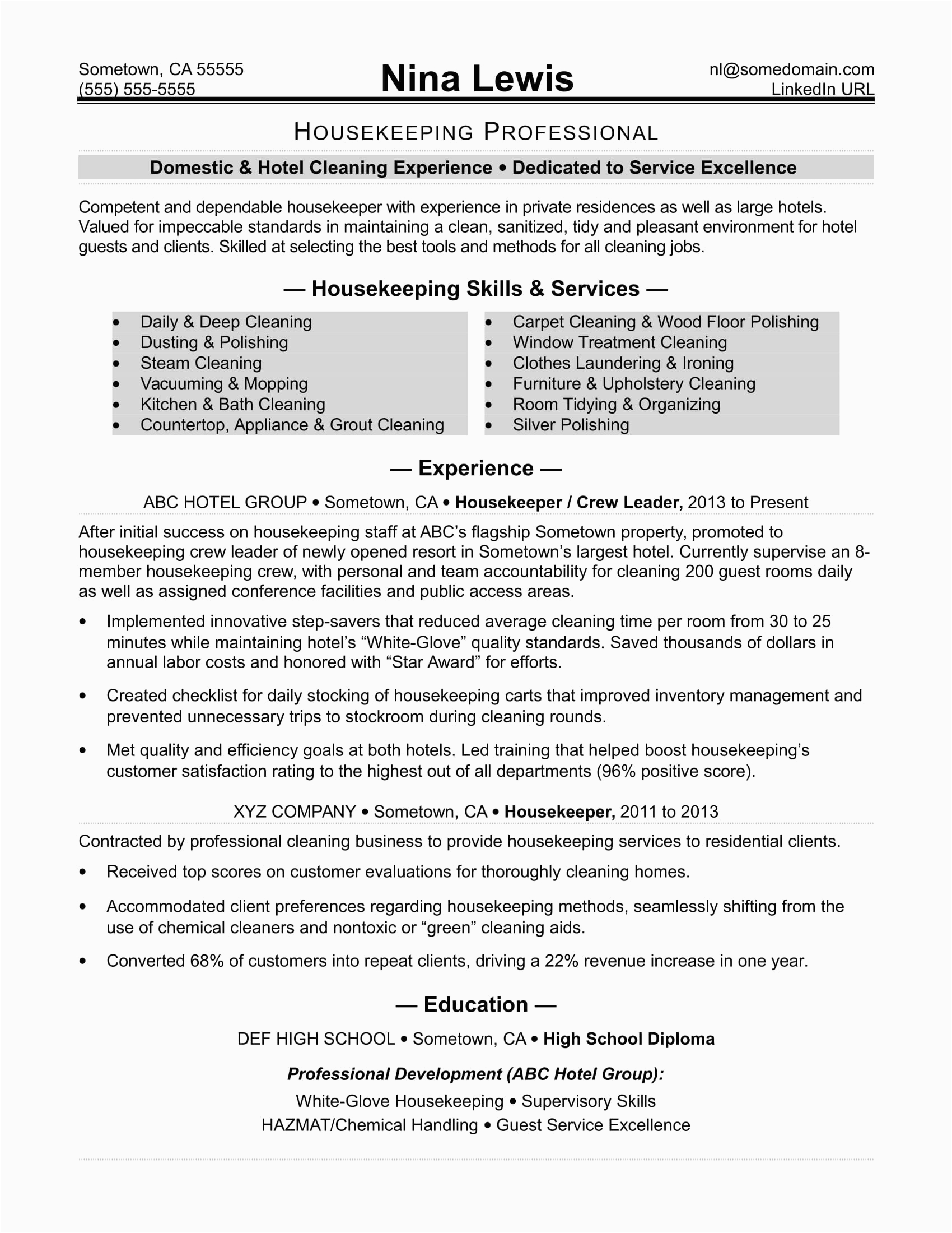 Sample Of Resume for House Keeper Housekeeping Resume