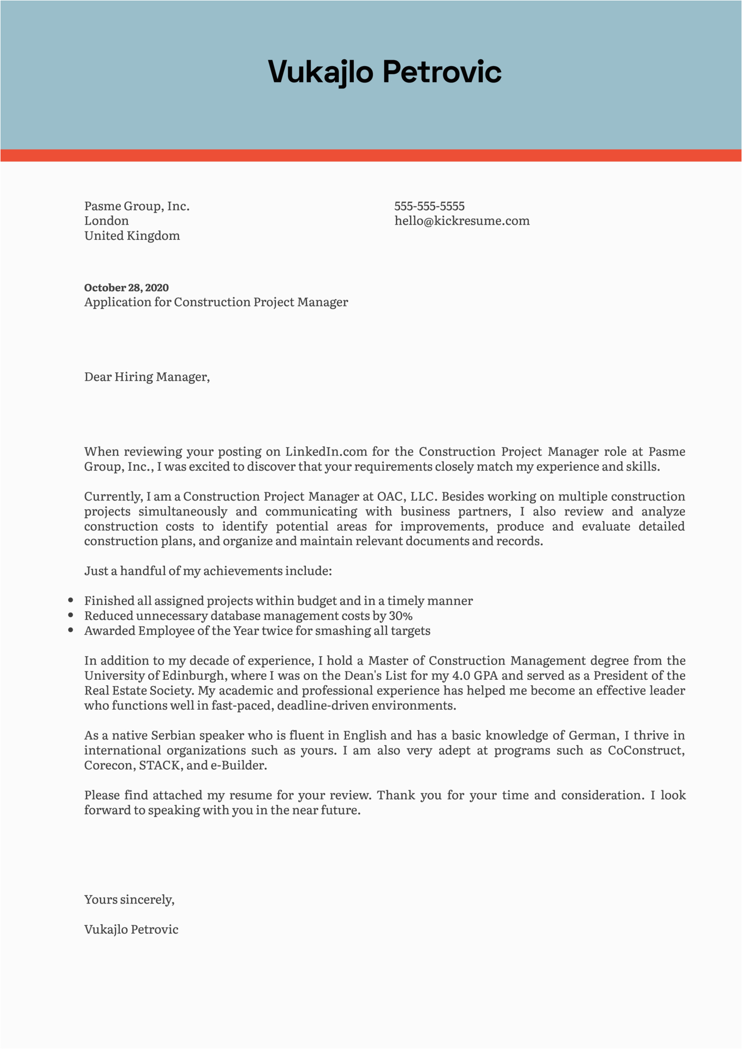 Sample Project Manager Cover Letter for Resume Construction Project Manager Cover Letter Sample