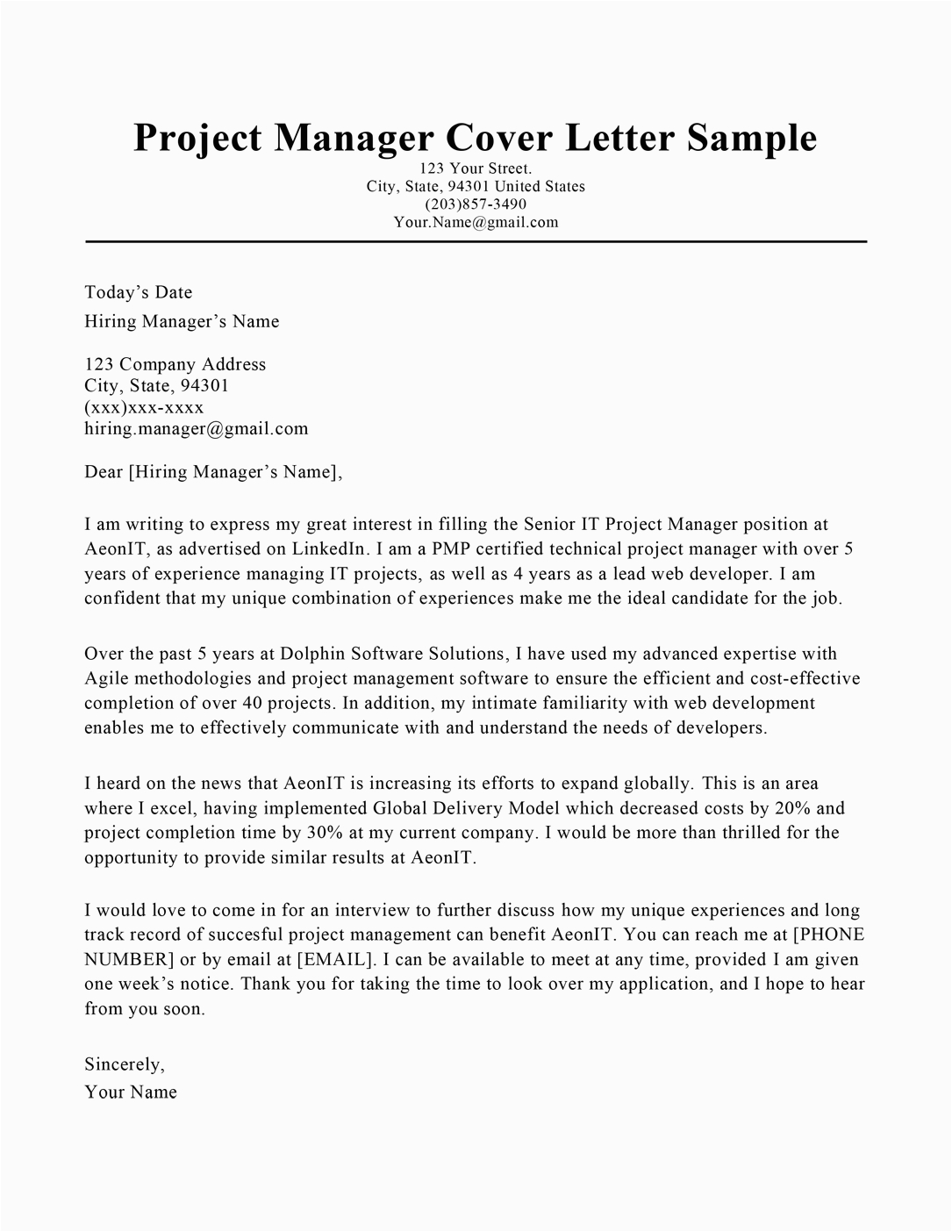Sample Project Manager Cover Letter for Resume Project Manager Cover Letter Sample & Tips