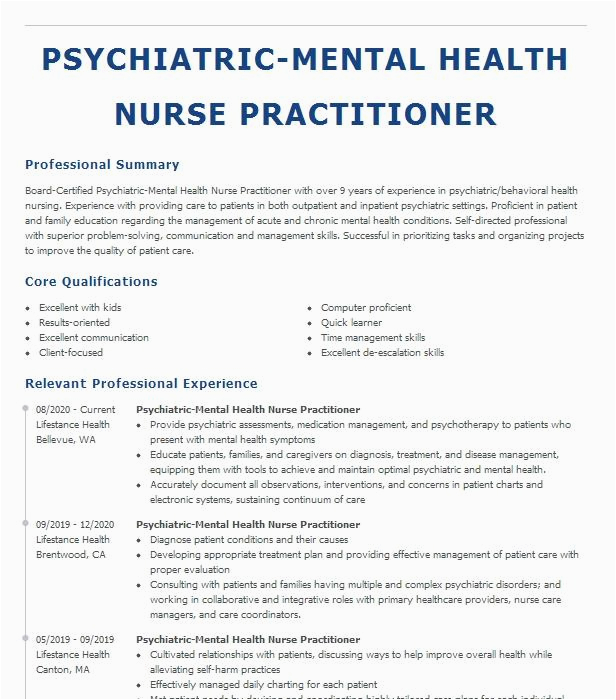 Sample Psychiatric Mental Health Nurse Practitioner Resume Psychiatric Mental Health Nurse Practitioner Resume Example Lifestance
