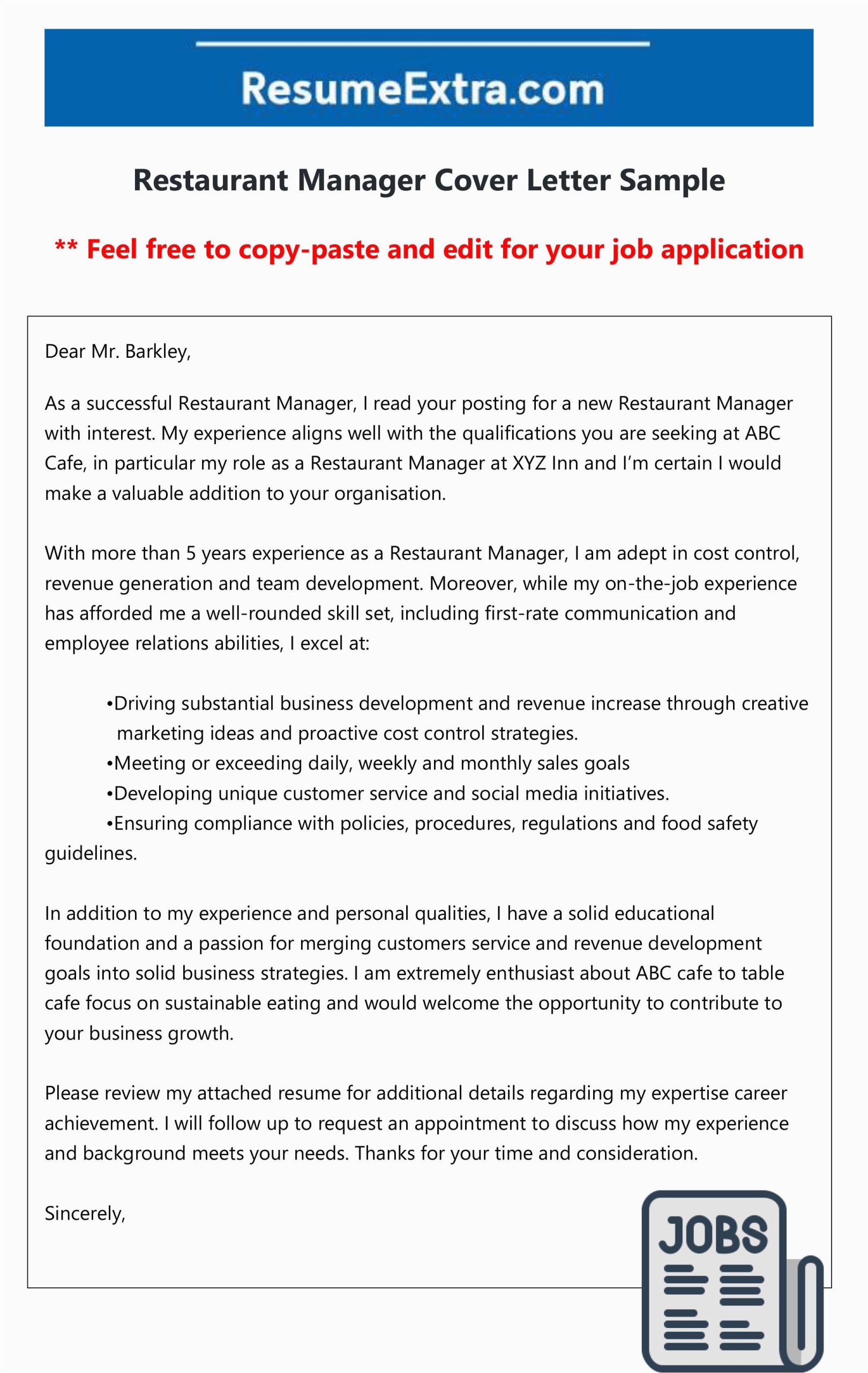 Sample Resume Cover Letter for Restaurant Manager Free Restaurant Manager Cover Letter