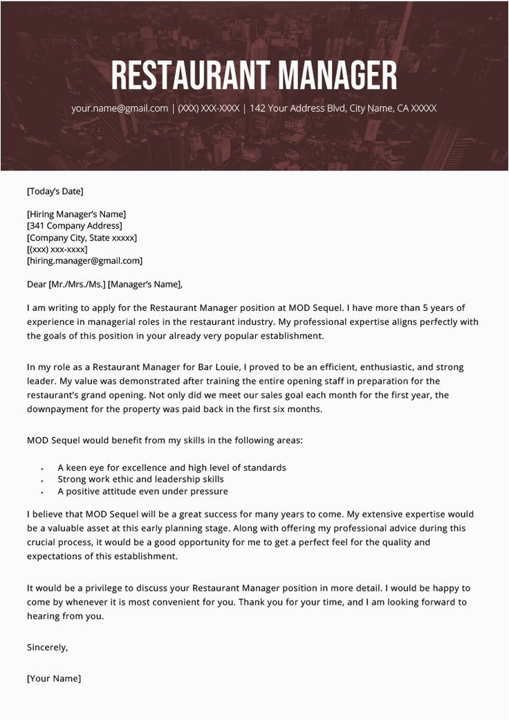Sample Resume Cover Letter for Restaurant Manager Restaurant Manager Cover Letter Example Resume Genius