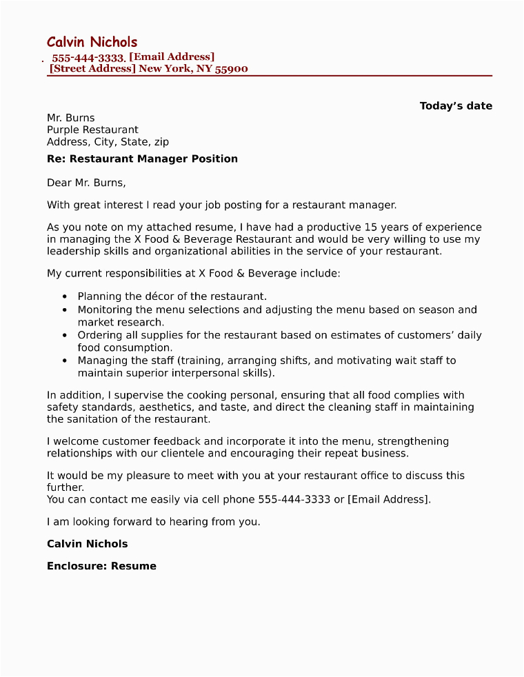 Sample Resume Cover Letter for Restaurant Manager Restaurant Manager Cover Letter Sample