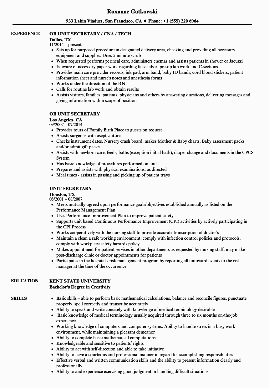 Sample Resume for A Hospital Secretary Hospital Unit Secretary Resume Ramiwhelan