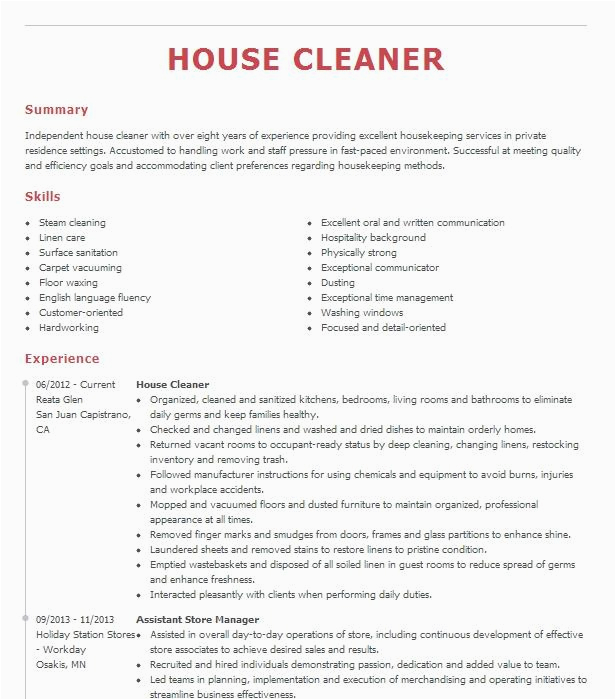 Sample Resume for A House Cleaner House Cleaner Resume Example Self Employed Church Hill Tennessee