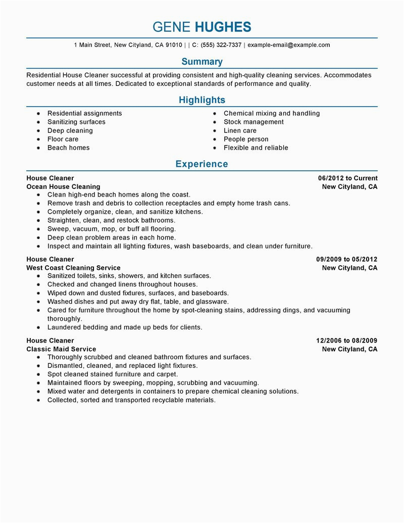 Sample Resume for A House Cleaner House Cleaning Resume Sample