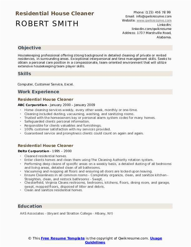 Sample Resume for A House Cleaner Residential House Cleaner Resume Samples