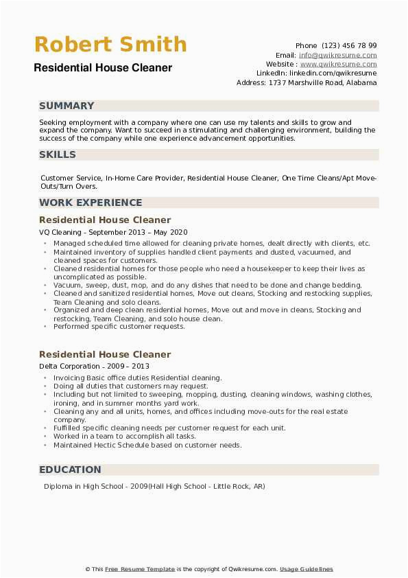 Sample Resume for A House Cleaner Residential House Cleaner Resume Samples