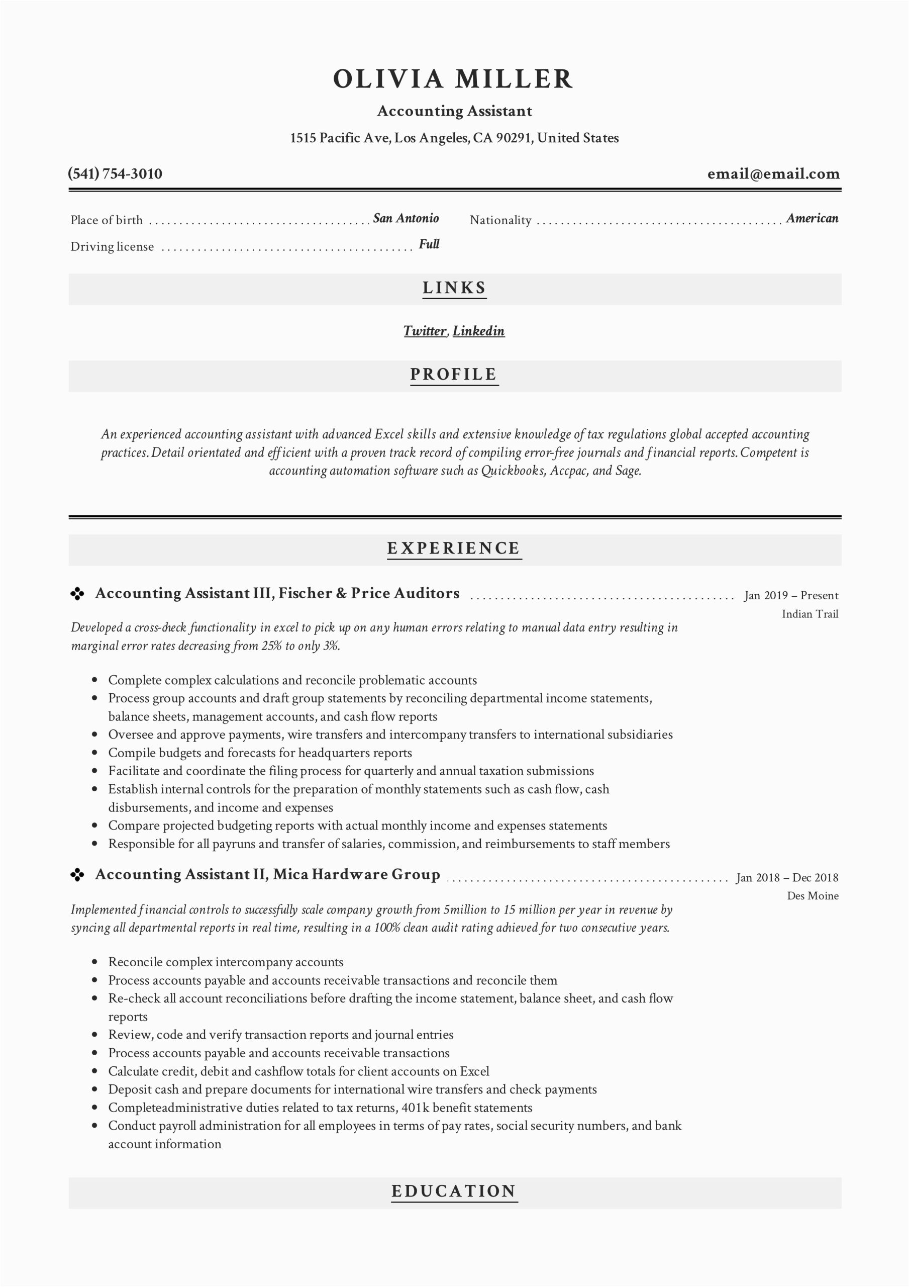 Sample Resume for Accounting assistant Position Accounting assistant Resume & Writing Guide