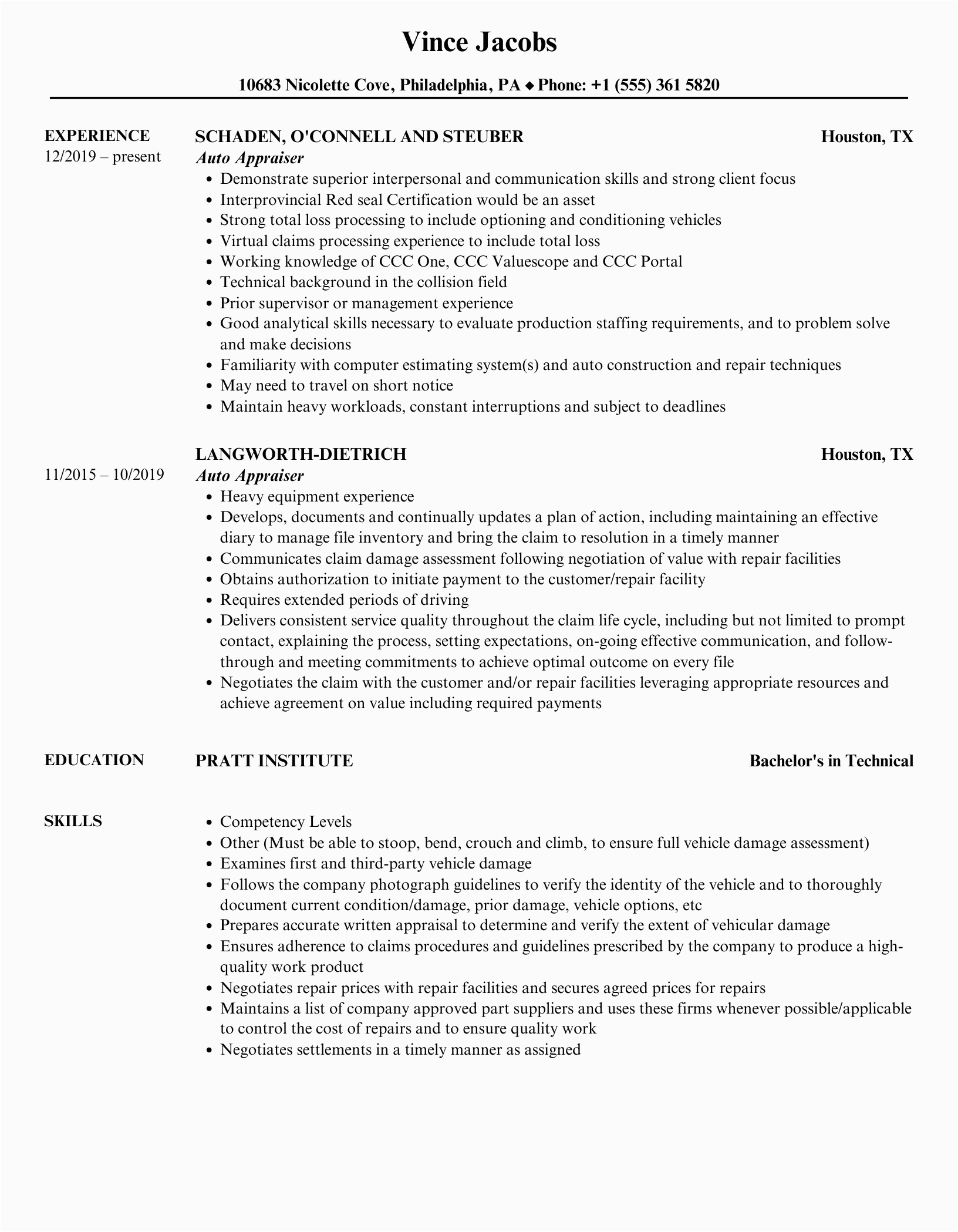 Sample Resume for Auto Claims Auditor Appraiser Estimator Auto Appraiser Resume Samples