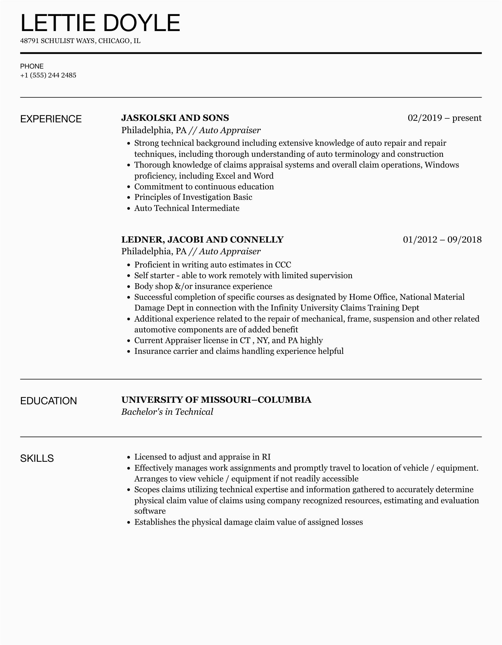 Sample Resume for Auto Claims Auditor Appraiser Estimator Auto Appraiser Resume Samples