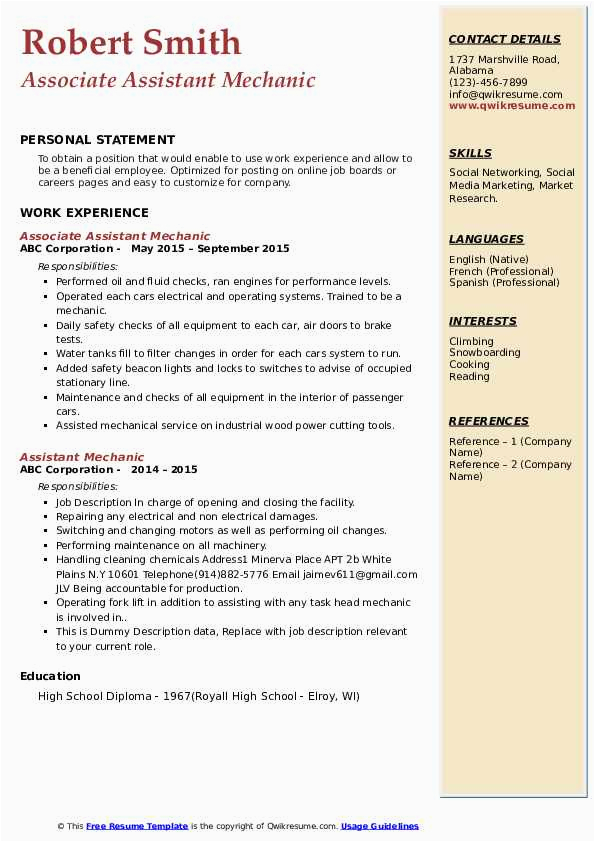 Sample Resume for Auto Mechanic assistant assistant Mechanic Resume Samples