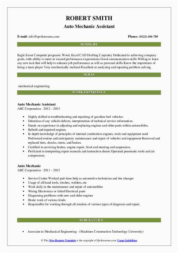 Sample Resume for Auto Mechanic assistant Auto Mechanic Resume Samples