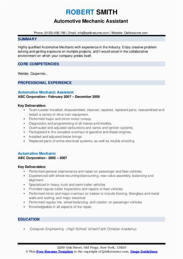 Sample Resume for Auto Mechanic assistant Automotive Mechanic Resume Samples
