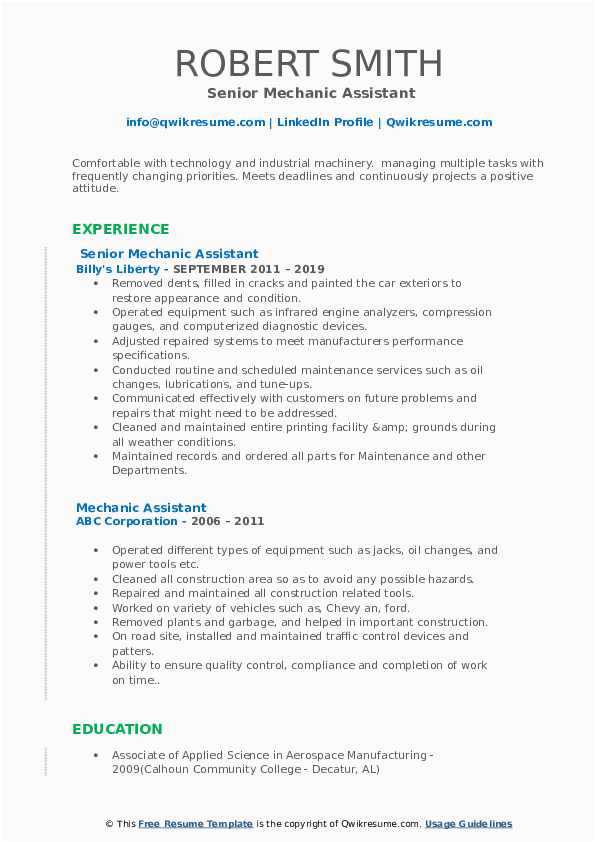 Sample Resume for Auto Mechanic assistant Mechanic assistant Resume Samples