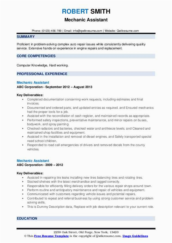 Sample Resume for Auto Mechanic assistant Mechanic assistant Resume Samples