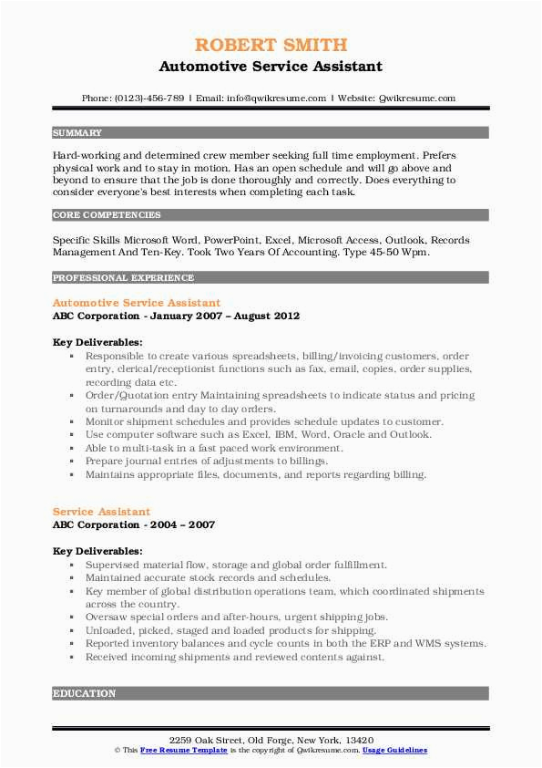 Sample Resume for Auto Mechanic assistant Service assistant Resume Samples