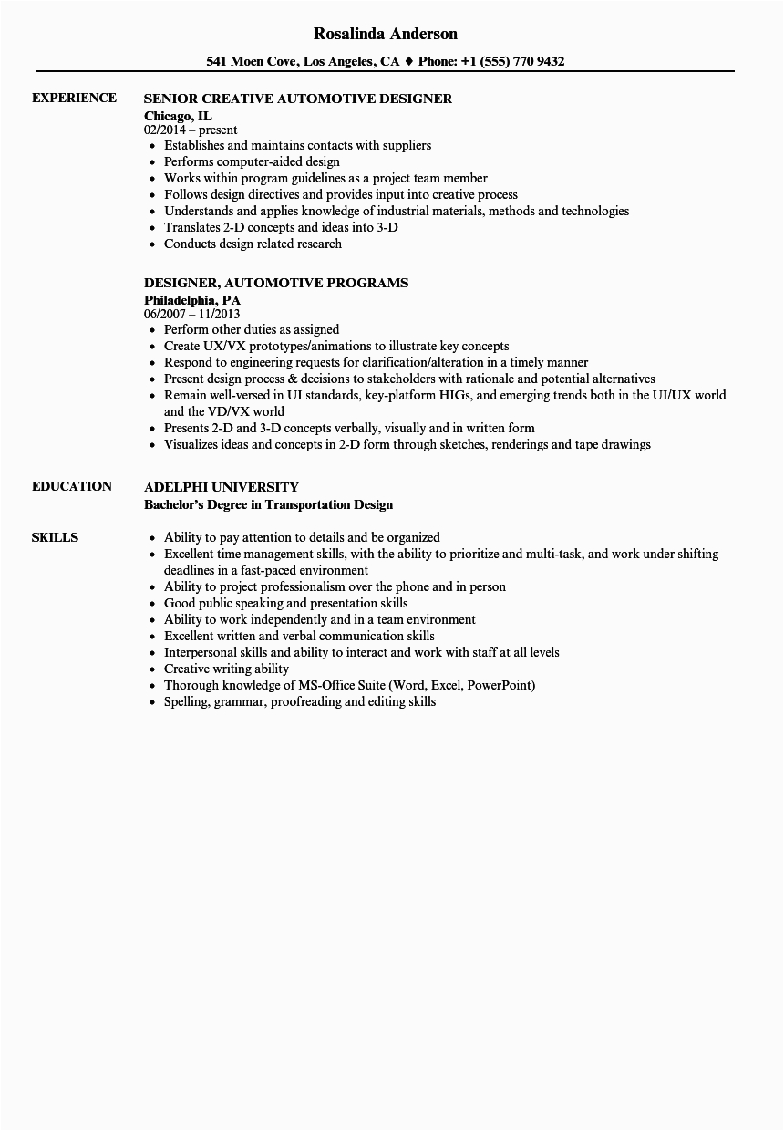 Sample Resume for Automotive Design Engineer Automotive Designer Resume Samples