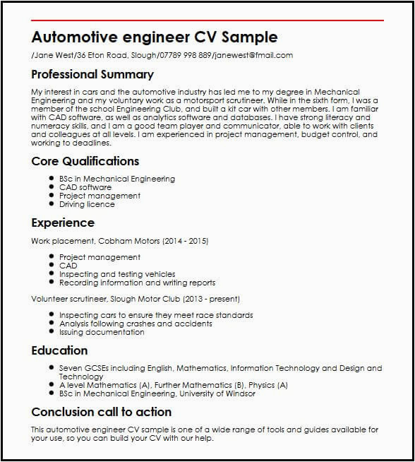 Sample Resume for Automotive Design Engineer Automotive Engineer Cv Sample