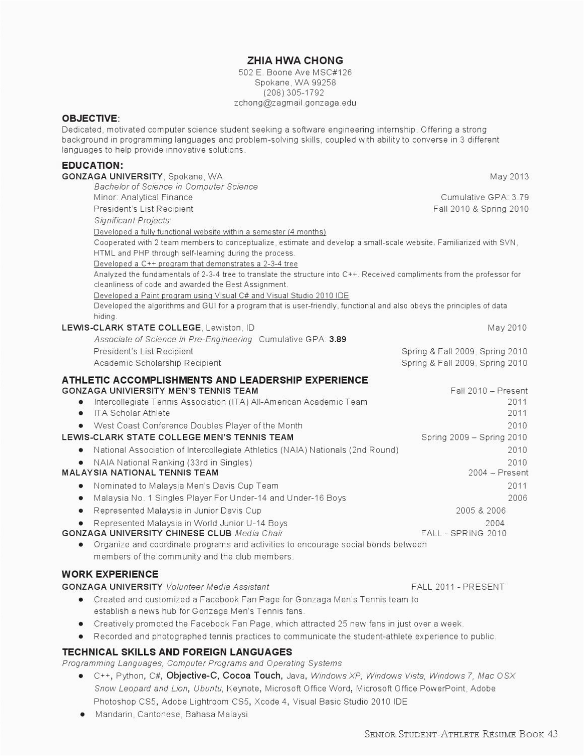 Sample Resume for College Student athlete College Student athlete Resume Example Best Resume Examples
