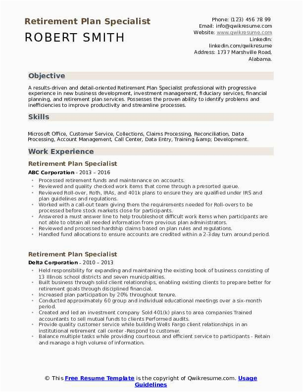 Sample Resume for Coming Out Of Retirement Retirement Plan Specialist Resume Samples