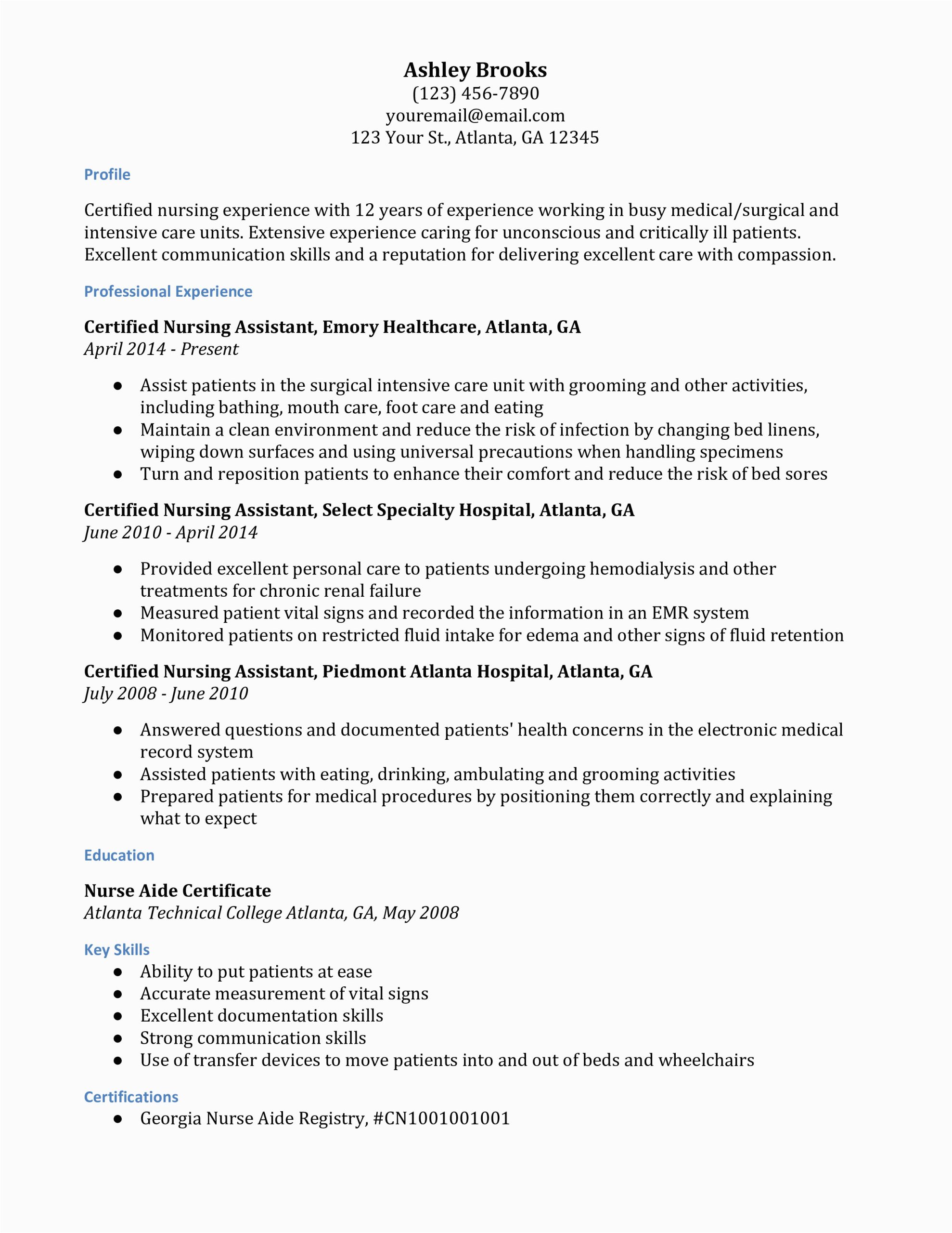 Sample Resume for Entry Level Certified Nursing assistant Cna Resume No Experience Entry Level Nursing assistant Templates