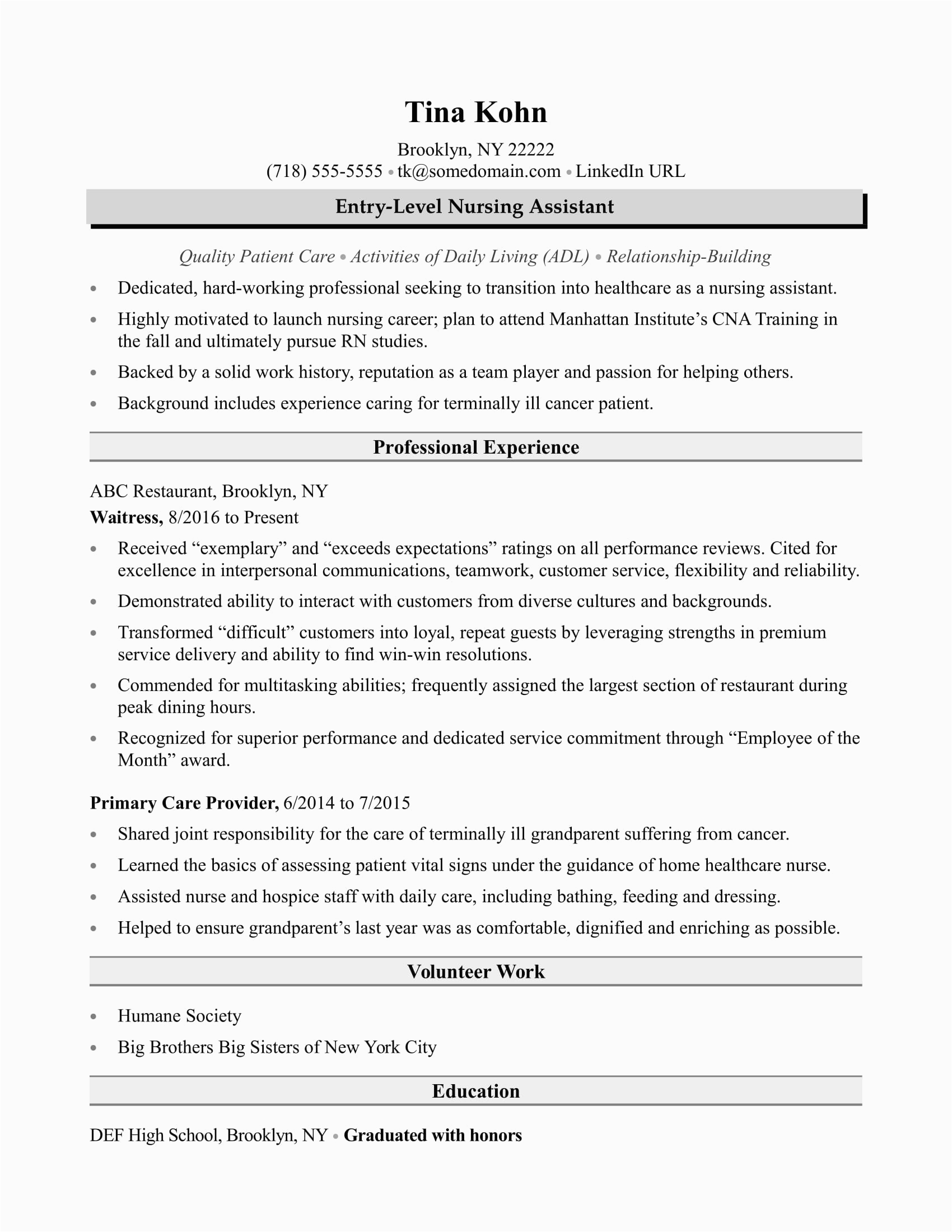 Sample Resume for Entry Level Certified Nursing assistant Nursing assistant Resume Sample