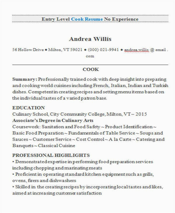Sample Resume for Entry Level Chef 9 Cook Resume Templates Pdf Doc