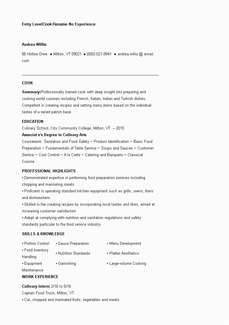 Sample Resume for Entry Level Chef Entry Level Cook Resume No Experience