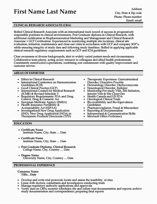 Sample Resume for Entry Level Clinical Research associate Clinical Research associate Resume Sample