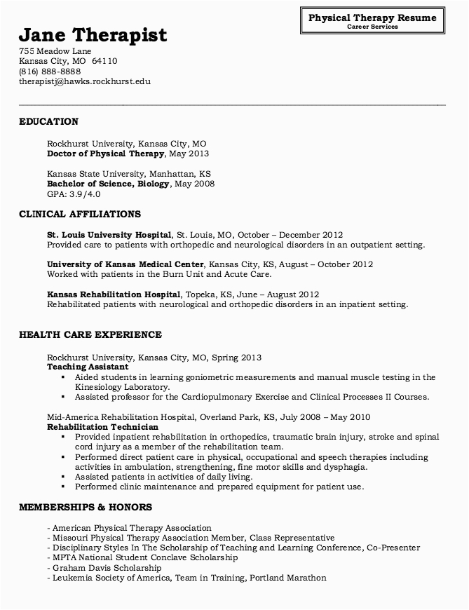 Sample Resume for Fresh Graduate Physical therapist New Graduate Physical therapist Resume Phisyla