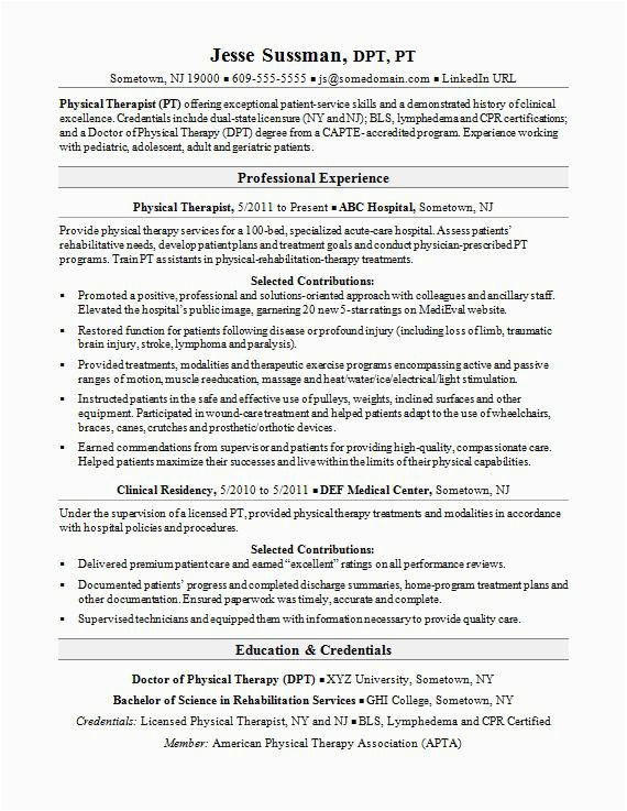 Sample Resume for Fresh Graduate Physical therapist Physical therapist Resume Sample