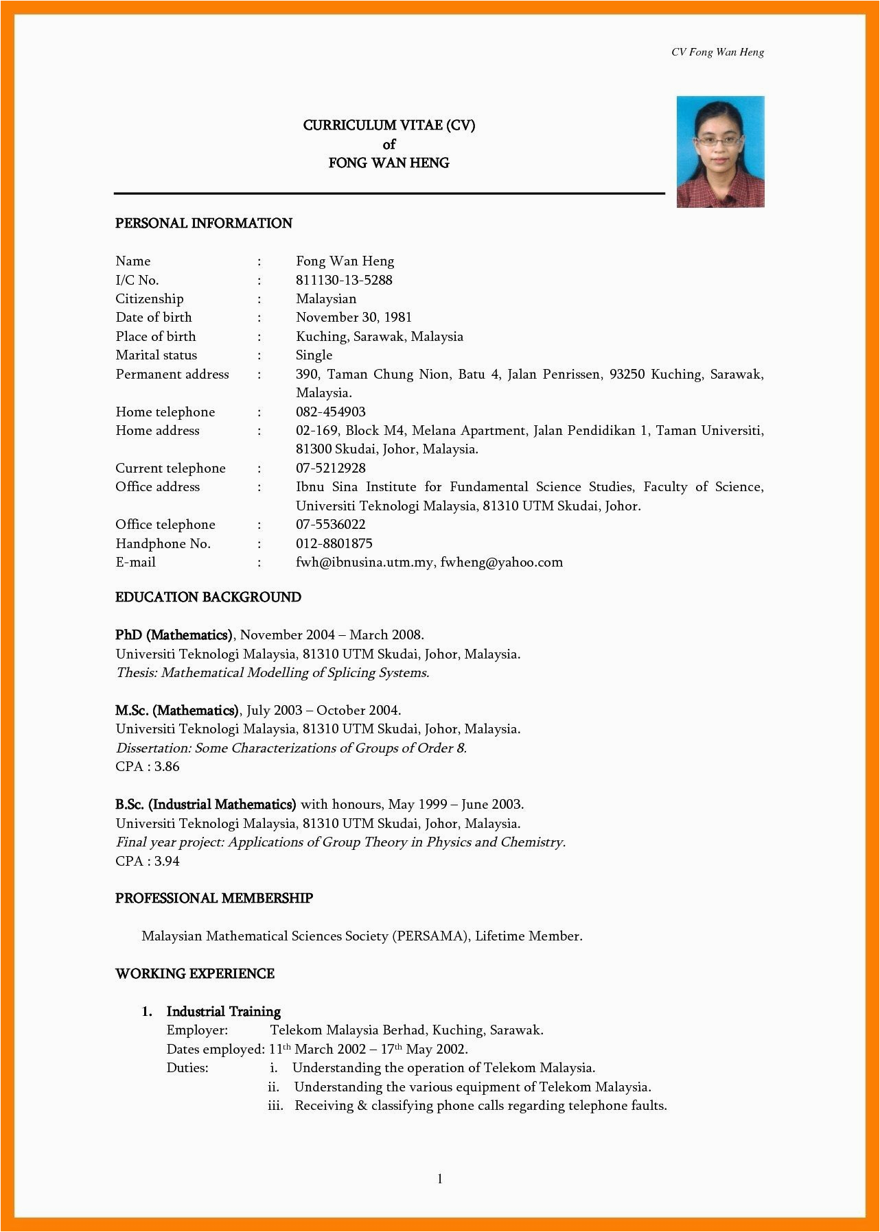 Sample Resume for Fresh Graduate without Work Experience Malaysia Curriculum Vitae Contoh Cv Fresh Graduate Malaysia