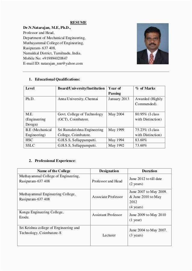 Sample Resume for Fresher assistant Professor In Engineering College Resume Dr N Natarajan 14 03 2014