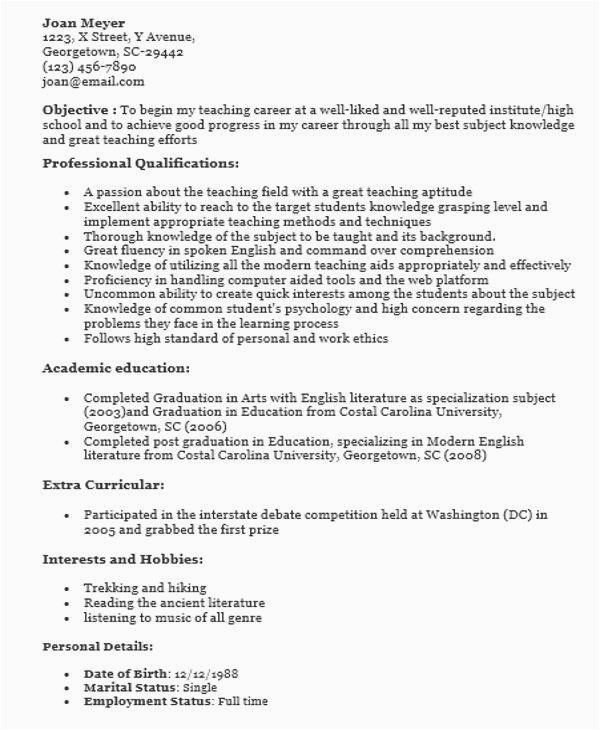 Sample Resume for Fresher English Teacher Free 62 Teacher Resume Templates In Psd Illustrator