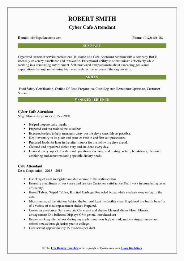 Sample Resume for Internet Cafe attendant Cafe attendant Resume Samples