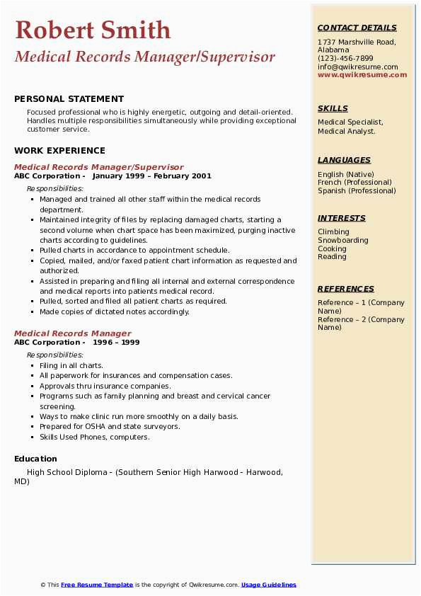 Sample Resume for Medical Records Administrator Medical Records Manager Resume Samples