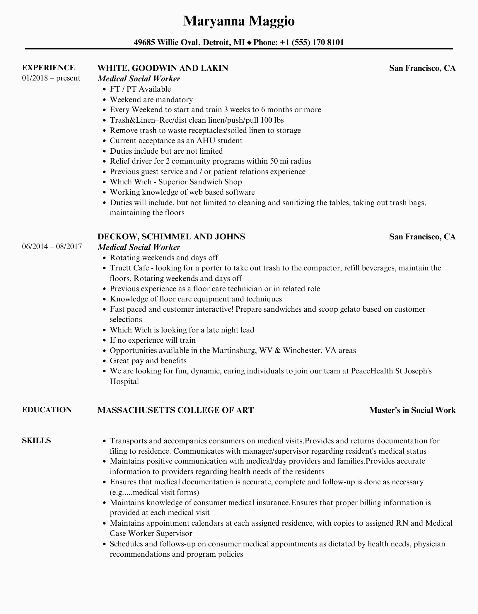 Sample Resume for Medical social Worker Medical social Worker Resume Samples