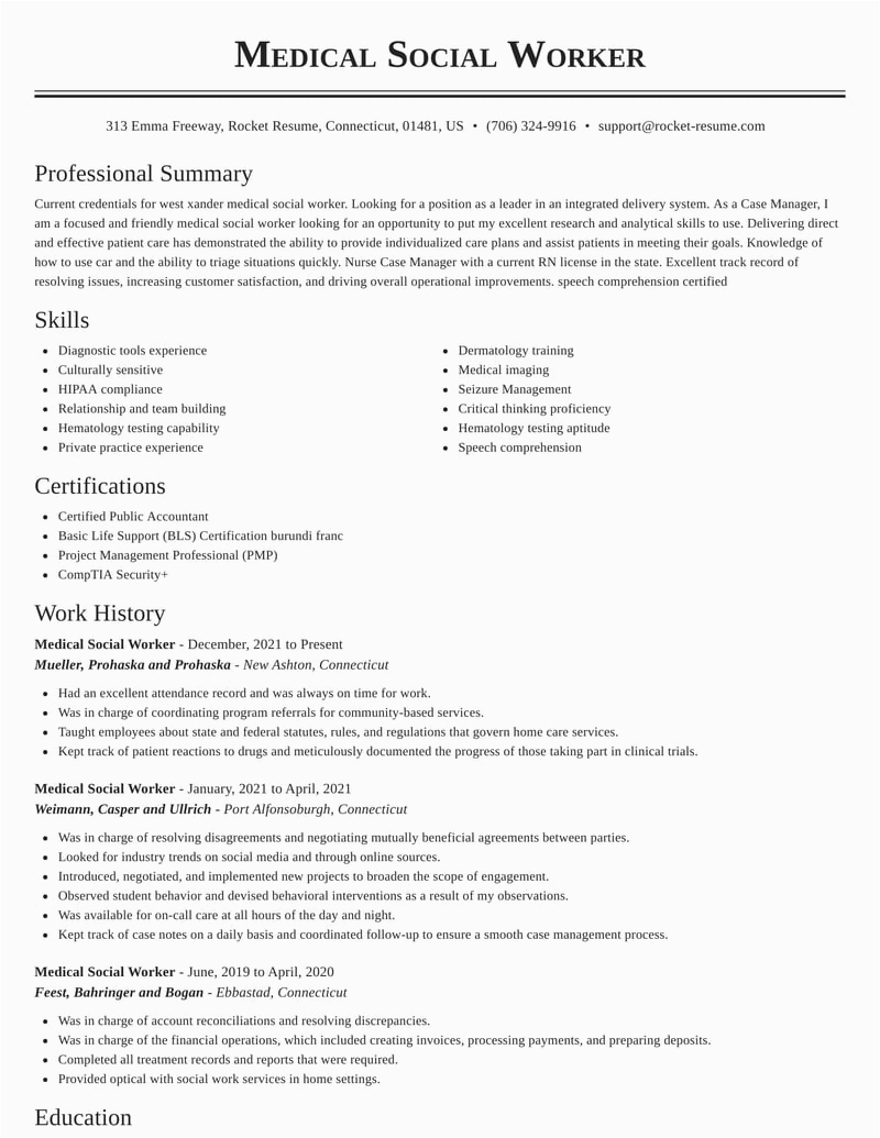 Sample Resume for Medical social Worker Medical social Worker Resumes