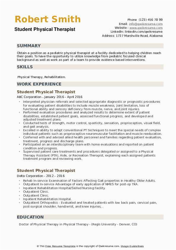 Sample Resume for Physical therapy Students Student Physical therapist Resume Samples