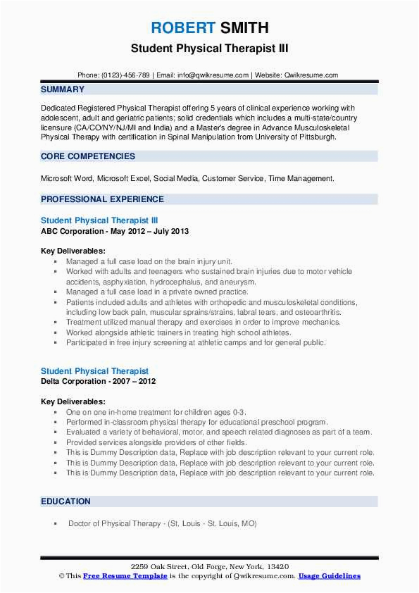 Sample Resume for Physical therapy Students Student Physical therapist Resume Samples