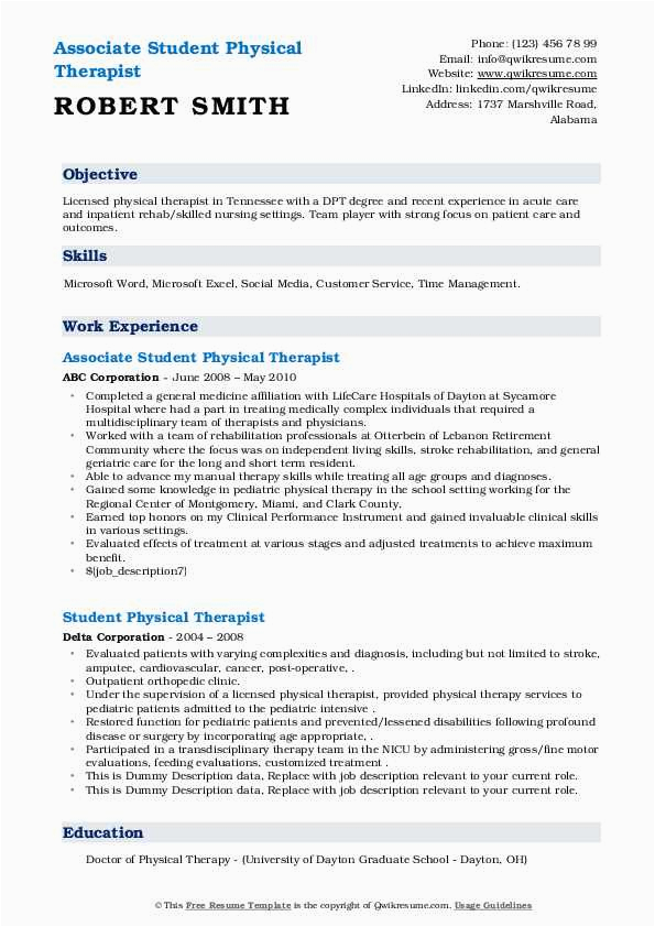 Sample Resume for Physical therapy Students Student Physical therapist Resume Samples